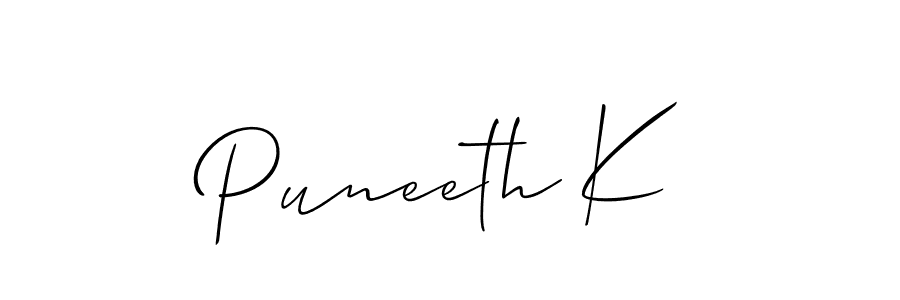 Use a signature maker to create a handwritten signature online. With this signature software, you can design (Allison_Script) your own signature for name Puneeth K. Puneeth K signature style 2 images and pictures png