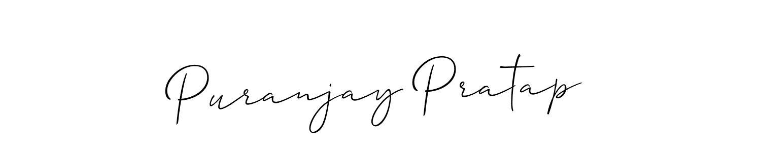 The best way (Allison_Script) to make a short signature is to pick only two or three words in your name. The name Puranjay Pratap include a total of six letters. For converting this name. Puranjay Pratap signature style 2 images and pictures png