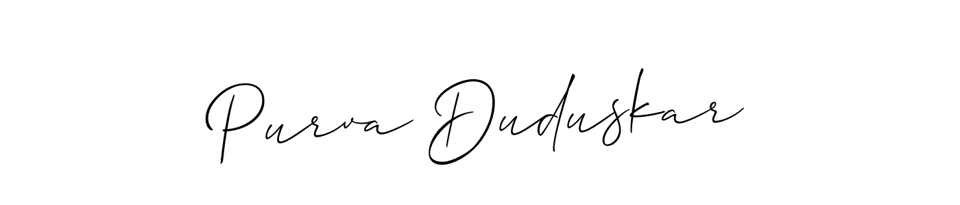 How to make Purva Duduskar signature? Allison_Script is a professional autograph style. Create handwritten signature for Purva Duduskar name. Purva Duduskar signature style 2 images and pictures png