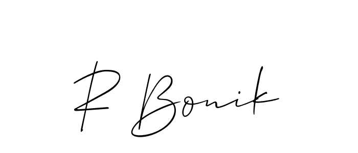 The best way (Allison_Script) to make a short signature is to pick only two or three words in your name. The name R Bonik include a total of six letters. For converting this name. R Bonik signature style 2 images and pictures png