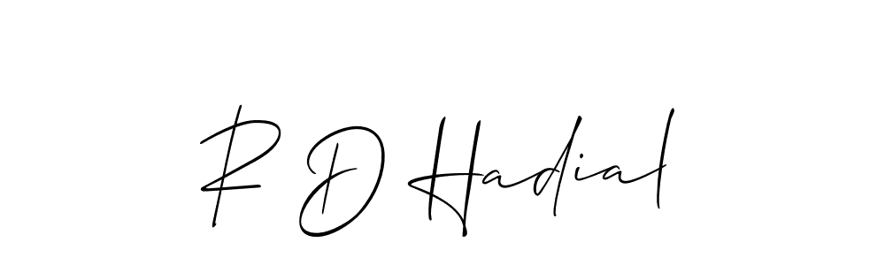 The best way (Allison_Script) to make a short signature is to pick only two or three words in your name. The name R D Hadial include a total of six letters. For converting this name. R D Hadial signature style 2 images and pictures png