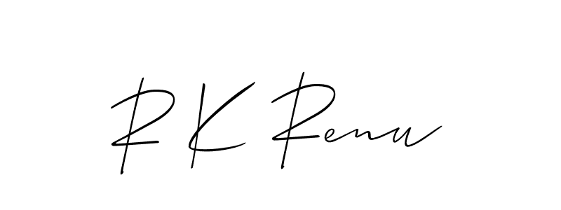 The best way (Allison_Script) to make a short signature is to pick only two or three words in your name. The name R K Renu include a total of six letters. For converting this name. R K Renu signature style 2 images and pictures png