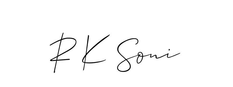 Design your own signature with our free online signature maker. With this signature software, you can create a handwritten (Allison_Script) signature for name R K Soni. R K Soni signature style 2 images and pictures png