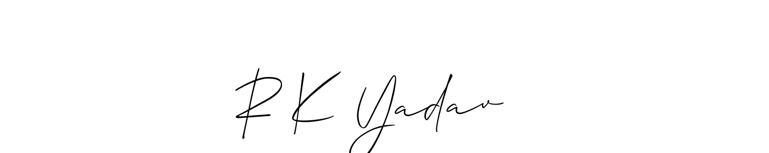The best way (Allison_Script) to make a short signature is to pick only two or three words in your name. The name R K Yadav❣️ include a total of six letters. For converting this name. R K Yadav❣️ signature style 2 images and pictures png