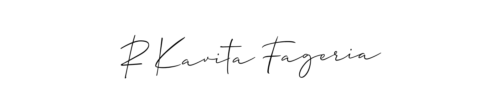 The best way (Allison_Script) to make a short signature is to pick only two or three words in your name. The name R Kavita Fageria include a total of six letters. For converting this name. R Kavita Fageria signature style 2 images and pictures png