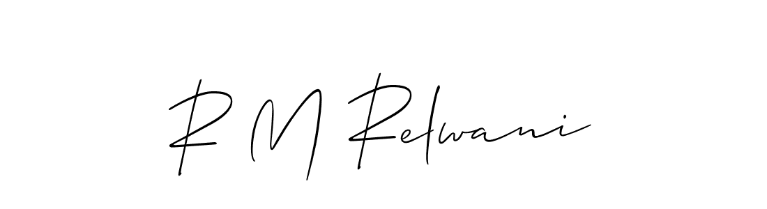 How to make R M Relwani name signature. Use Allison_Script style for creating short signs online. This is the latest handwritten sign. R M Relwani signature style 2 images and pictures png