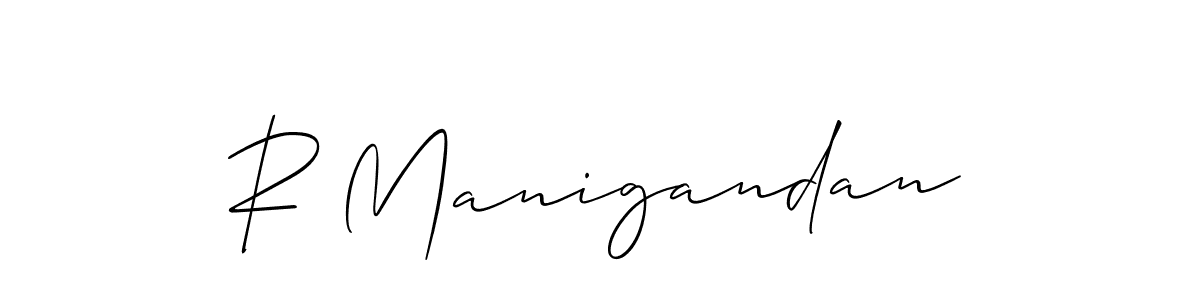 The best way (Allison_Script) to make a short signature is to pick only two or three words in your name. The name R Manigandan include a total of six letters. For converting this name. R Manigandan signature style 2 images and pictures png