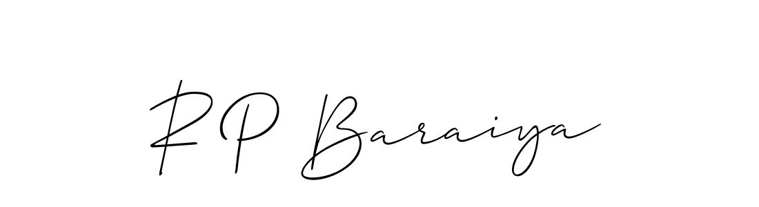 The best way (Allison_Script) to make a short signature is to pick only two or three words in your name. The name R P Baraiya include a total of six letters. For converting this name. R P Baraiya signature style 2 images and pictures png