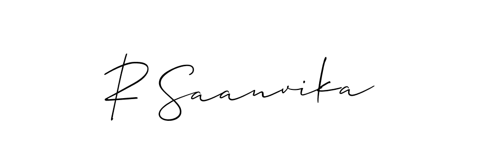 The best way (Allison_Script) to make a short signature is to pick only two or three words in your name. The name R Saanvika include a total of six letters. For converting this name. R Saanvika signature style 2 images and pictures png