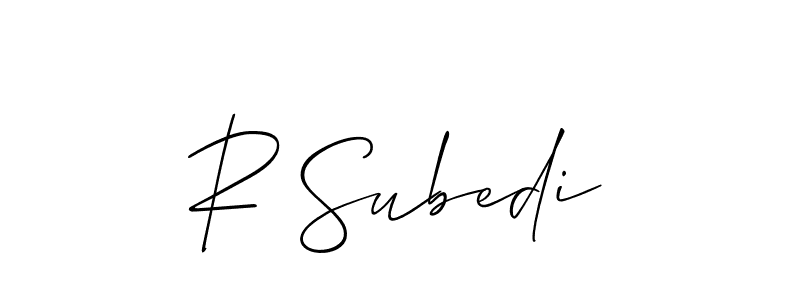 Design your own signature with our free online signature maker. With this signature software, you can create a handwritten (Allison_Script) signature for name R Subedi. R Subedi signature style 2 images and pictures png