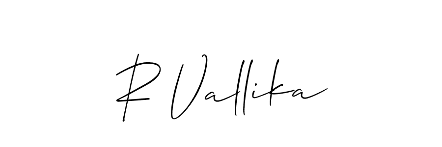How to make R Vallika name signature. Use Allison_Script style for creating short signs online. This is the latest handwritten sign. R Vallika signature style 2 images and pictures png