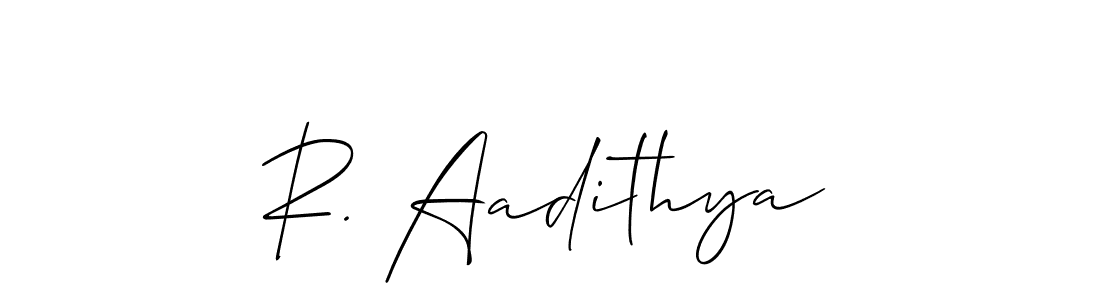 Also You can easily find your signature by using the search form. We will create R. Aadithya name handwritten signature images for you free of cost using Allison_Script sign style. R. Aadithya signature style 2 images and pictures png