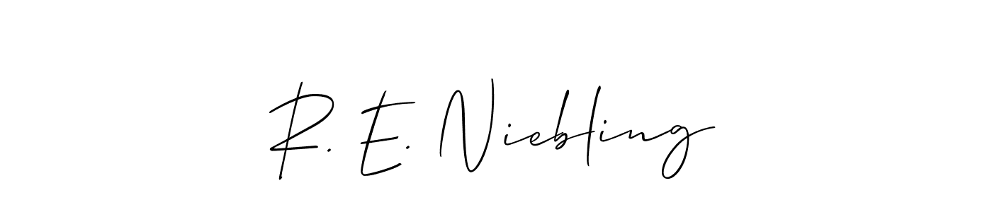 The best way (Allison_Script) to make a short signature is to pick only two or three words in your name. The name R. E. Niebling include a total of six letters. For converting this name. R. E. Niebling signature style 2 images and pictures png