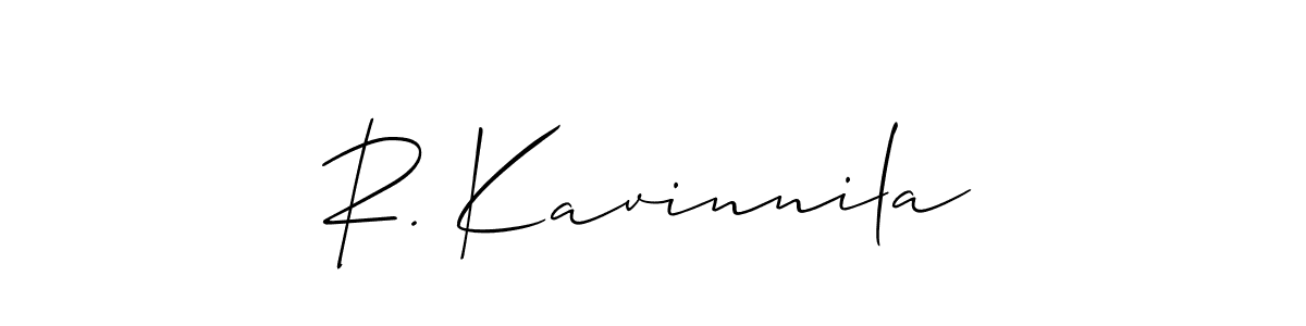 The best way (Allison_Script) to make a short signature is to pick only two or three words in your name. The name R. Kavinnila include a total of six letters. For converting this name. R. Kavinnila signature style 2 images and pictures png