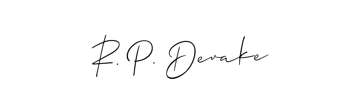 The best way (Allison_Script) to make a short signature is to pick only two or three words in your name. The name R. P. Devake include a total of six letters. For converting this name. R. P. Devake signature style 2 images and pictures png