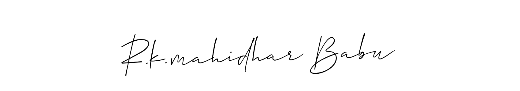 Use a signature maker to create a handwritten signature online. With this signature software, you can design (Allison_Script) your own signature for name R.k.mahidhar Babu. R.k.mahidhar Babu signature style 2 images and pictures png