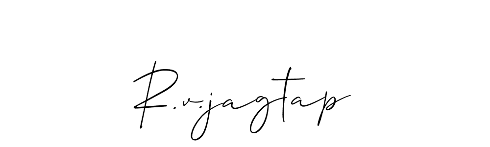 The best way (Allison_Script) to make a short signature is to pick only two or three words in your name. The name R.v.jagtap include a total of six letters. For converting this name. R.v.jagtap signature style 2 images and pictures png