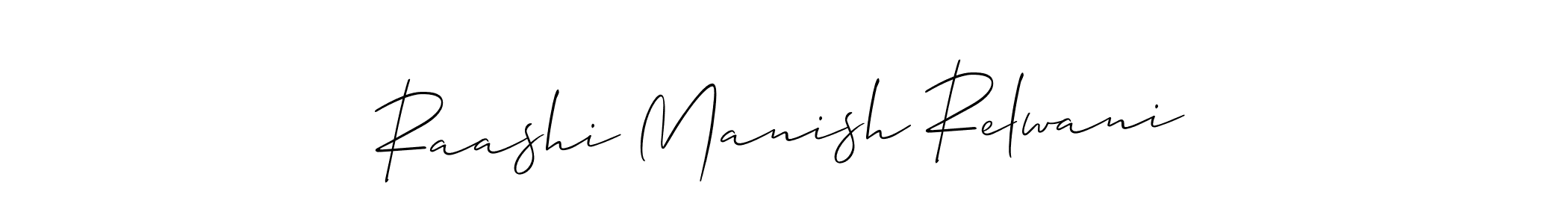 Also You can easily find your signature by using the search form. We will create Raashi Manish Relwani name handwritten signature images for you free of cost using Allison_Script sign style. Raashi Manish Relwani signature style 2 images and pictures png