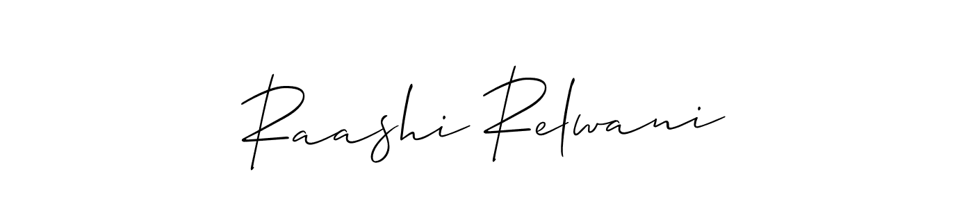 Use a signature maker to create a handwritten signature online. With this signature software, you can design (Allison_Script) your own signature for name Raashi Relwani. Raashi Relwani signature style 2 images and pictures png