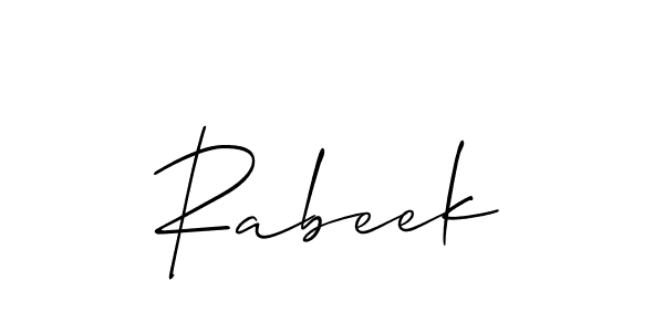 Use a signature maker to create a handwritten signature online. With this signature software, you can design (Allison_Script) your own signature for name Rabeek. Rabeek signature style 2 images and pictures png