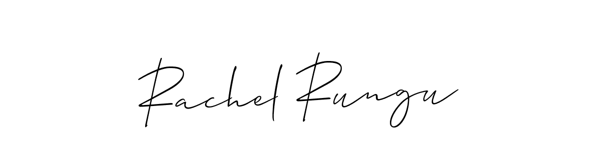 The best way (Allison_Script) to make a short signature is to pick only two or three words in your name. The name Rachel Rungu include a total of six letters. For converting this name. Rachel Rungu signature style 2 images and pictures png