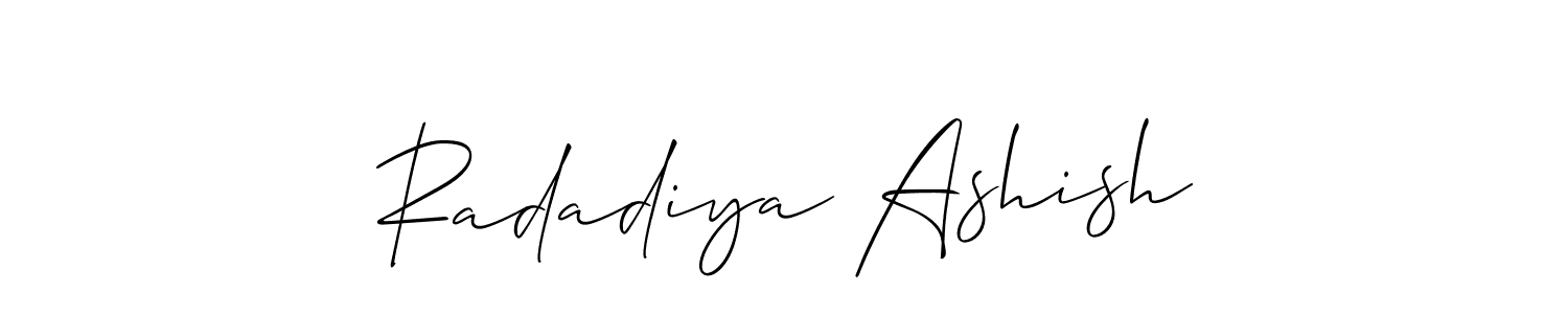 The best way (Allison_Script) to make a short signature is to pick only two or three words in your name. The name Radadiya Ashish include a total of six letters. For converting this name. Radadiya Ashish signature style 2 images and pictures png