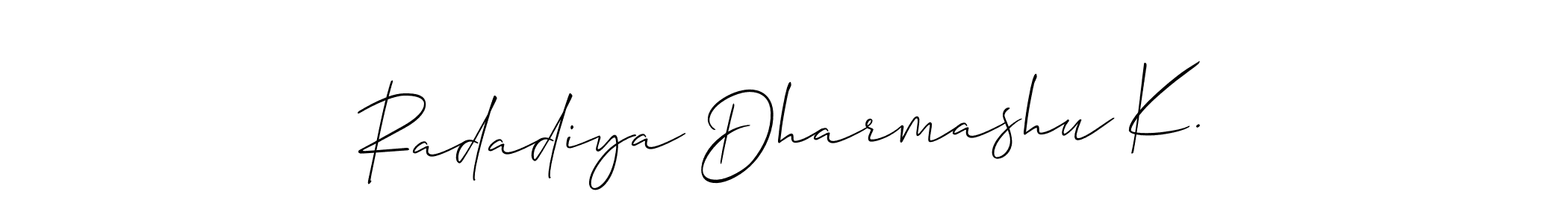 Allison_Script is a professional signature style that is perfect for those who want to add a touch of class to their signature. It is also a great choice for those who want to make their signature more unique. Get Radadiya Dharmashu K. name to fancy signature for free. Radadiya Dharmashu K. signature style 2 images and pictures png