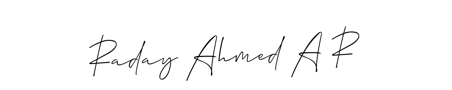 if you are searching for the best signature style for your name Raday Ahmed A R. so please give up your signature search. here we have designed multiple signature styles  using Allison_Script. Raday Ahmed A R signature style 2 images and pictures png