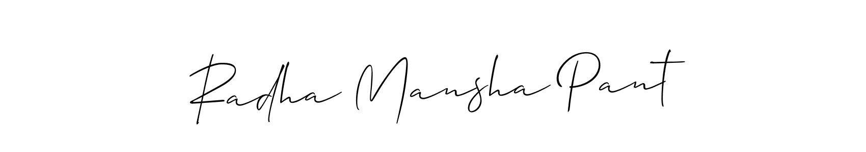 Check out images of Autograph of Radha Mansha Pant name. Actor Radha Mansha Pant Signature Style. Allison_Script is a professional sign style online. Radha Mansha Pant signature style 2 images and pictures png