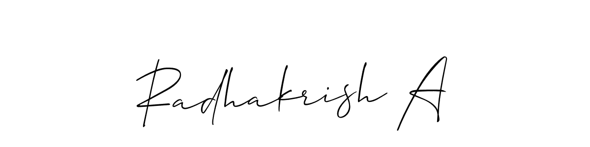 Similarly Allison_Script is the best handwritten signature design. Signature creator online .You can use it as an online autograph creator for name Radhakrish A. Radhakrish A signature style 2 images and pictures png