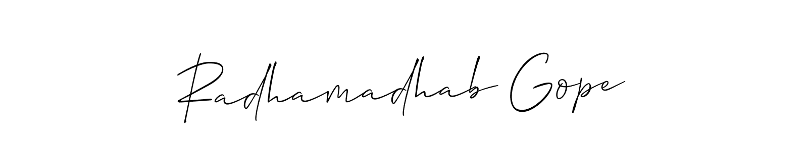 Allison_Script is a professional signature style that is perfect for those who want to add a touch of class to their signature. It is also a great choice for those who want to make their signature more unique. Get Radhamadhab Gope name to fancy signature for free. Radhamadhab Gope signature style 2 images and pictures png
