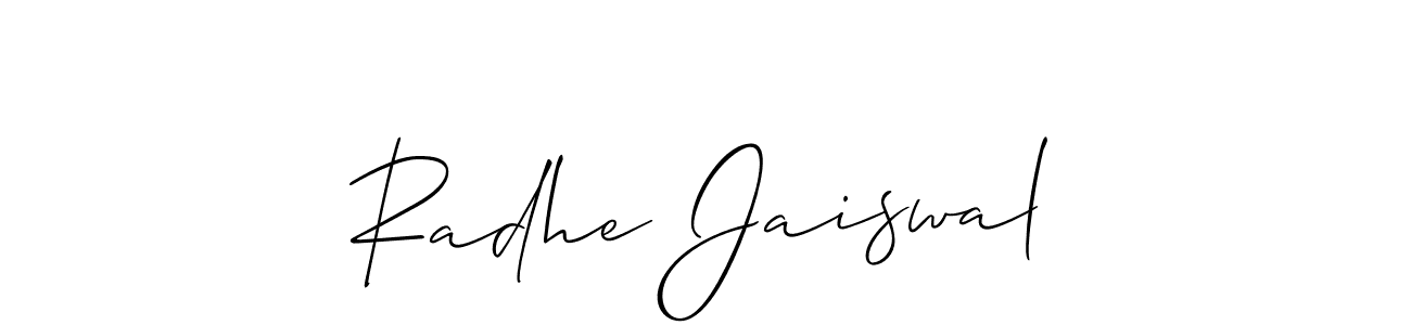 The best way (Allison_Script) to make a short signature is to pick only two or three words in your name. The name Radhe Jaiswal include a total of six letters. For converting this name. Radhe Jaiswal signature style 2 images and pictures png