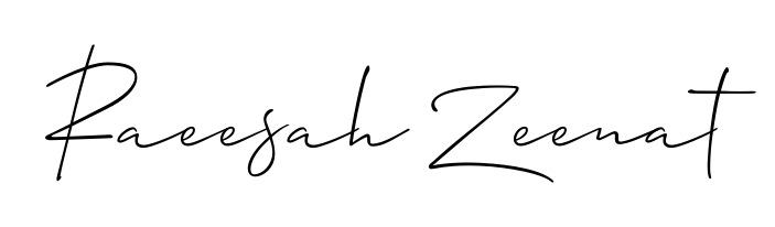 Discover how Raeesah Zeenat looks in an executive cursive font (Allison_Script). Perfect for legal documents, invoices, and certificates. Raeesah Zeenat signature style 2 images and pictures png