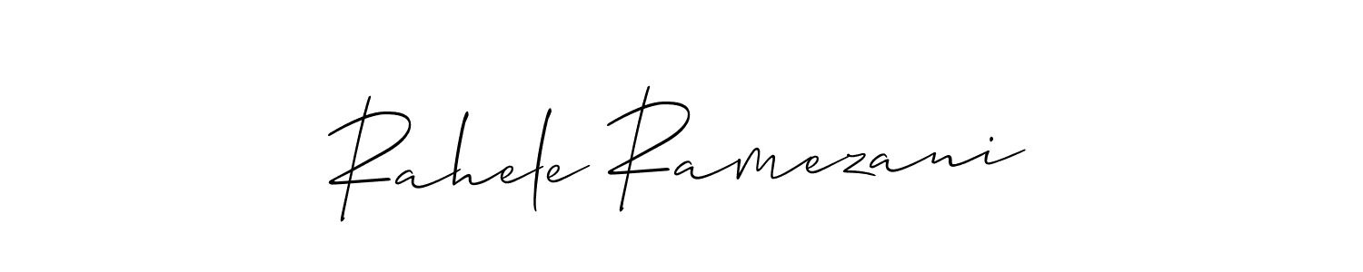 The best way (Allison_Script) to make a short signature is to pick only two or three words in your name. The name Rahele Ramezani include a total of six letters. For converting this name. Rahele Ramezani signature style 2 images and pictures png