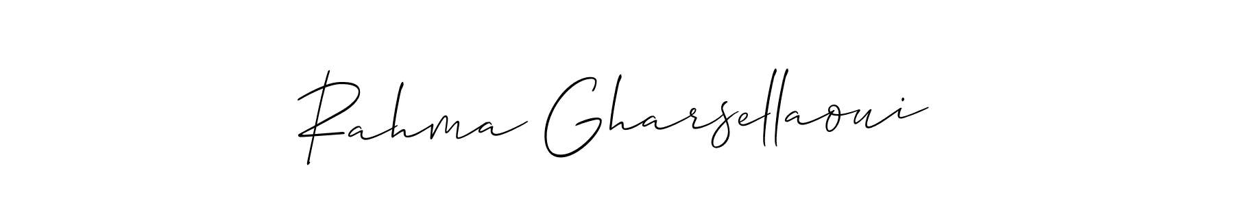 The best way (Allison_Script) to make a short signature is to pick only two or three words in your name. The name Rahma Gharsellaoui include a total of six letters. For converting this name. Rahma Gharsellaoui signature style 2 images and pictures png