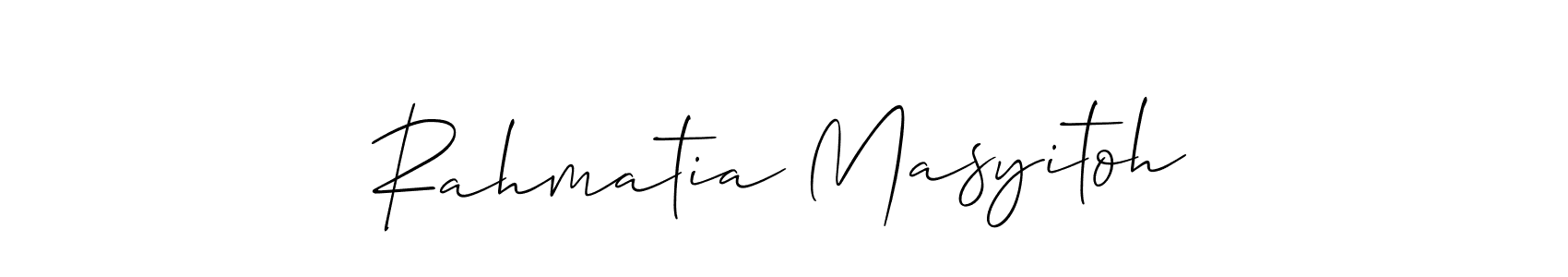 The best way (Allison_Script) to make a short signature is to pick only two or three words in your name. The name Rahmatia Masyitoh include a total of six letters. For converting this name. Rahmatia Masyitoh signature style 2 images and pictures png