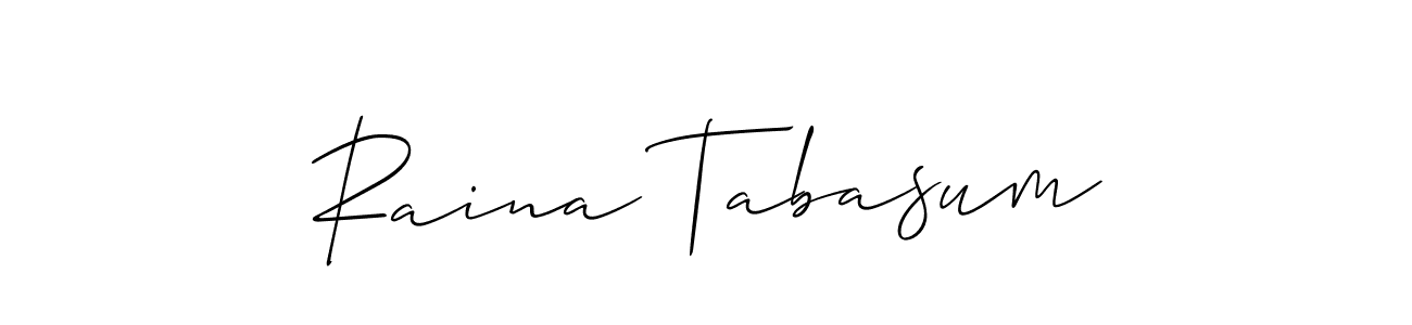 How to make Raina Tabasum name signature. Use Allison_Script style for creating short signs online. This is the latest handwritten sign. Raina Tabasum signature style 2 images and pictures png