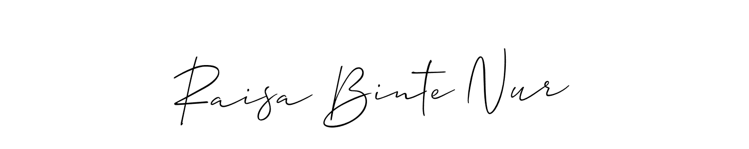 The best way (Allison_Script) to make a short signature is to pick only two or three words in your name. The name Raisa Binte Nur include a total of six letters. For converting this name. Raisa Binte Nur signature style 2 images and pictures png