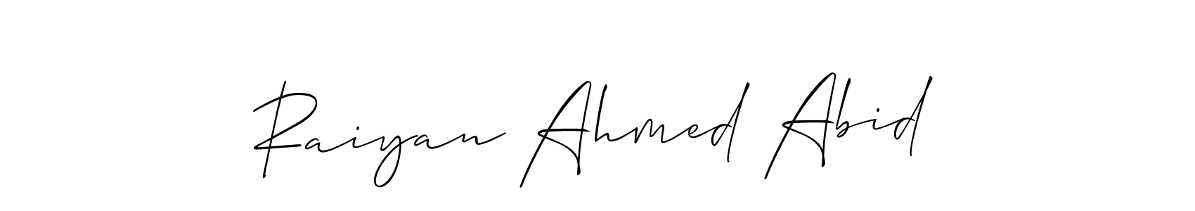 Make a short Raiyan Ahmed Abid signature style. Manage your documents anywhere anytime using Allison_Script. Create and add eSignatures, submit forms, share and send files easily. Raiyan Ahmed Abid signature style 2 images and pictures png