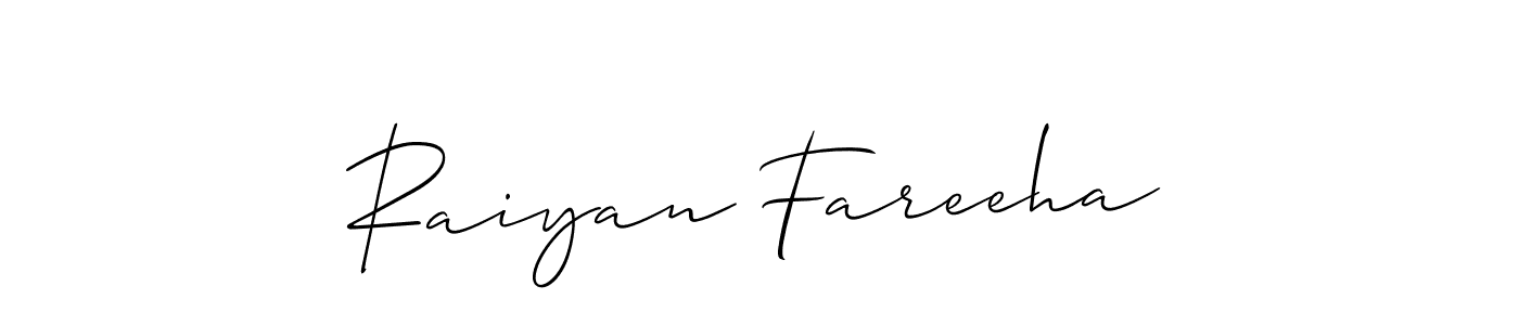 Also You can easily find your signature by using the search form. We will create Raiyan Fareeha name handwritten signature images for you free of cost using Allison_Script sign style. Raiyan Fareeha signature style 2 images and pictures png