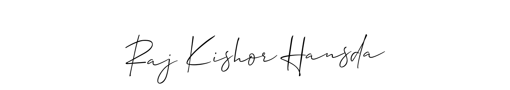 The best way (Allison_Script) to make a short signature is to pick only two or three words in your name. The name Raj Kishor Hansda include a total of six letters. For converting this name. Raj Kishor Hansda signature style 2 images and pictures png