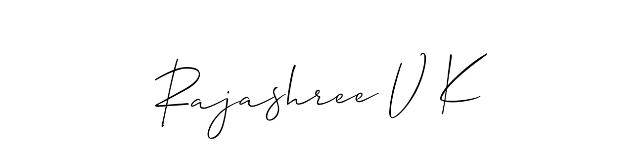 The best way (Allison_Script) to make a short signature is to pick only two or three words in your name. The name Rajashree V K include a total of six letters. For converting this name. Rajashree V K signature style 2 images and pictures png