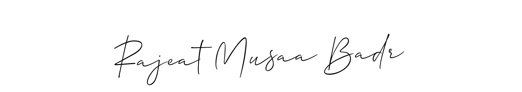 The best way (Allison_Script) to make a short signature is to pick only two or three words in your name. The name Rajeat Musaa Badr include a total of six letters. For converting this name. Rajeat Musaa Badr signature style 2 images and pictures png