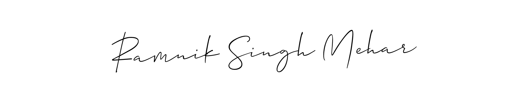 if you are searching for the best signature style for your name Ramnik Singh Mehar. so please give up your signature search. here we have designed multiple signature styles  using Allison_Script. Ramnik Singh Mehar signature style 2 images and pictures png