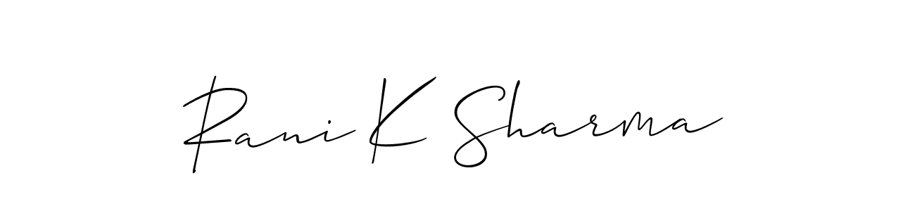 Make a short Rani K Sharma signature style. Manage your documents anywhere anytime using Allison_Script. Create and add eSignatures, submit forms, share and send files easily. Rani K Sharma signature style 2 images and pictures png