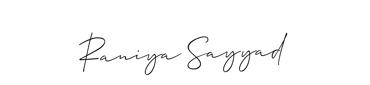 Also You can easily find your signature by using the search form. We will create Raniya Sayyad name handwritten signature images for you free of cost using Allison_Script sign style. Raniya Sayyad signature style 2 images and pictures png