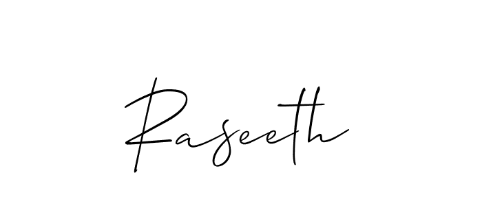 Use a signature maker to create a handwritten signature online. With this signature software, you can design (Allison_Script) your own signature for name Raseeth. Raseeth signature style 2 images and pictures png