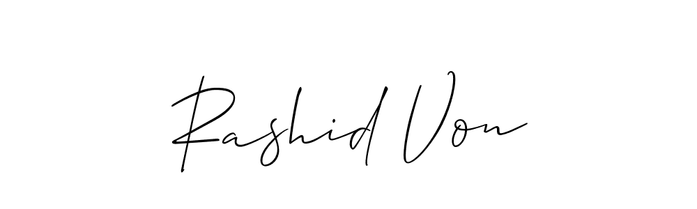 The best way (Allison_Script) to make a short signature is to pick only two or three words in your name. The name Rashid Von include a total of six letters. For converting this name. Rashid Von signature style 2 images and pictures png