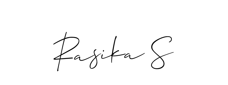 if you are searching for the best signature style for your name Rasika S. so please give up your signature search. here we have designed multiple signature styles  using Allison_Script. Rasika S signature style 2 images and pictures png