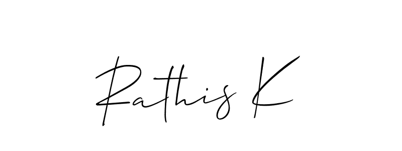 The best way (Allison_Script) to make a short signature is to pick only two or three words in your name. The name Rathis K include a total of six letters. For converting this name. Rathis K signature style 2 images and pictures png